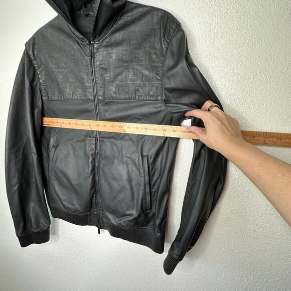 Fendi Black Soft Leather Fendi Embossed Monogram Front Long Sleeve Hooded Jacket - Picture 16 of 16